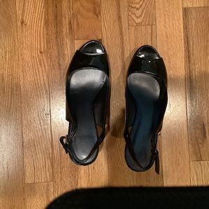 Nine West black patent sling back heels with open toe